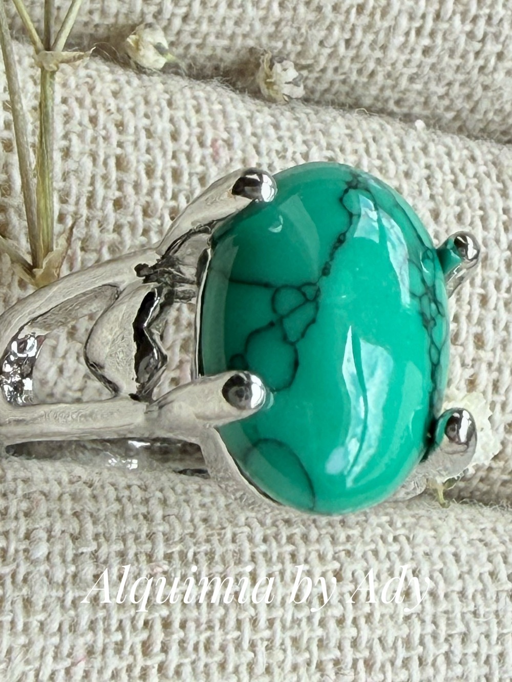 Silver Ring with Turquoise Green Oval Stone